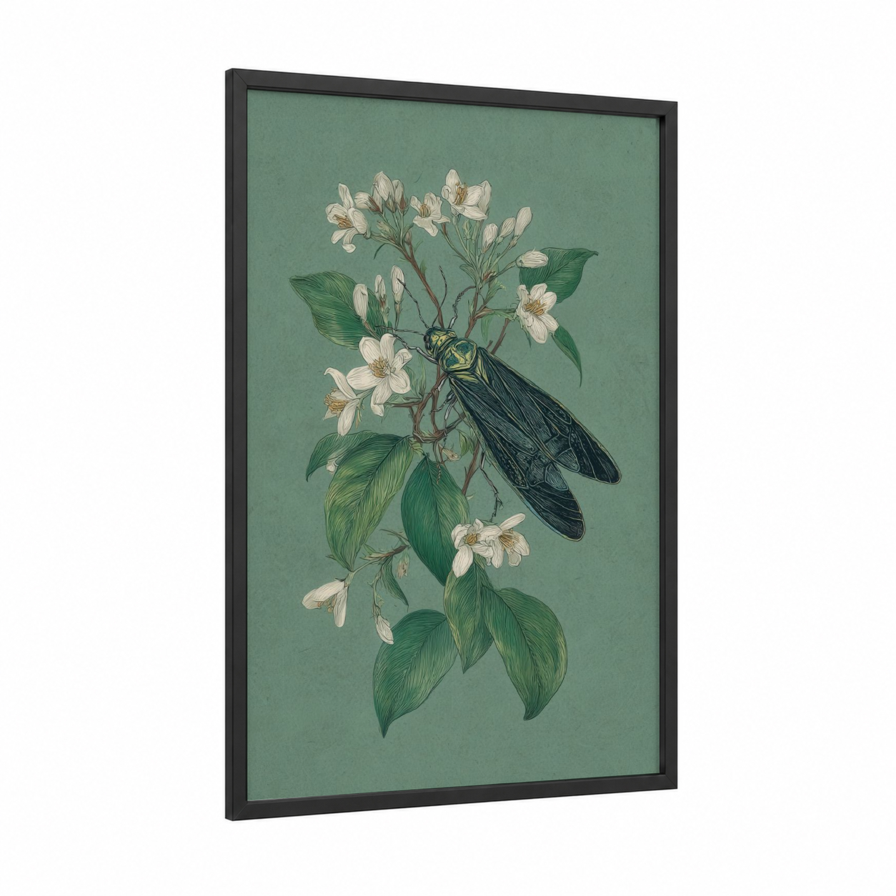 Luminous Insect framed fireflies print — black wood frame — sage green and white palette