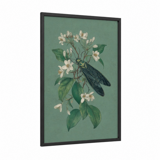 Luminous Insect framed fireflies print — black wood frame — sage green and white palette