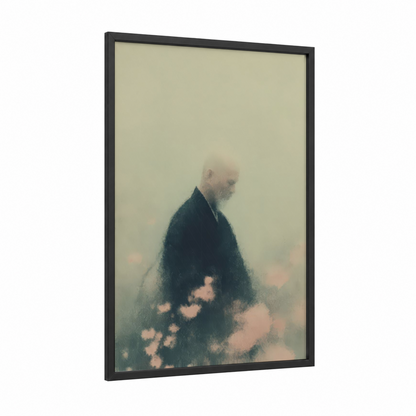 Misty Aikido framed art print — black wood frame — beige and dark blue palette