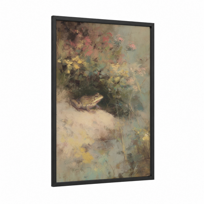 Garden Frog framed frogs and toads print — black wood frame — sage green and cream palette