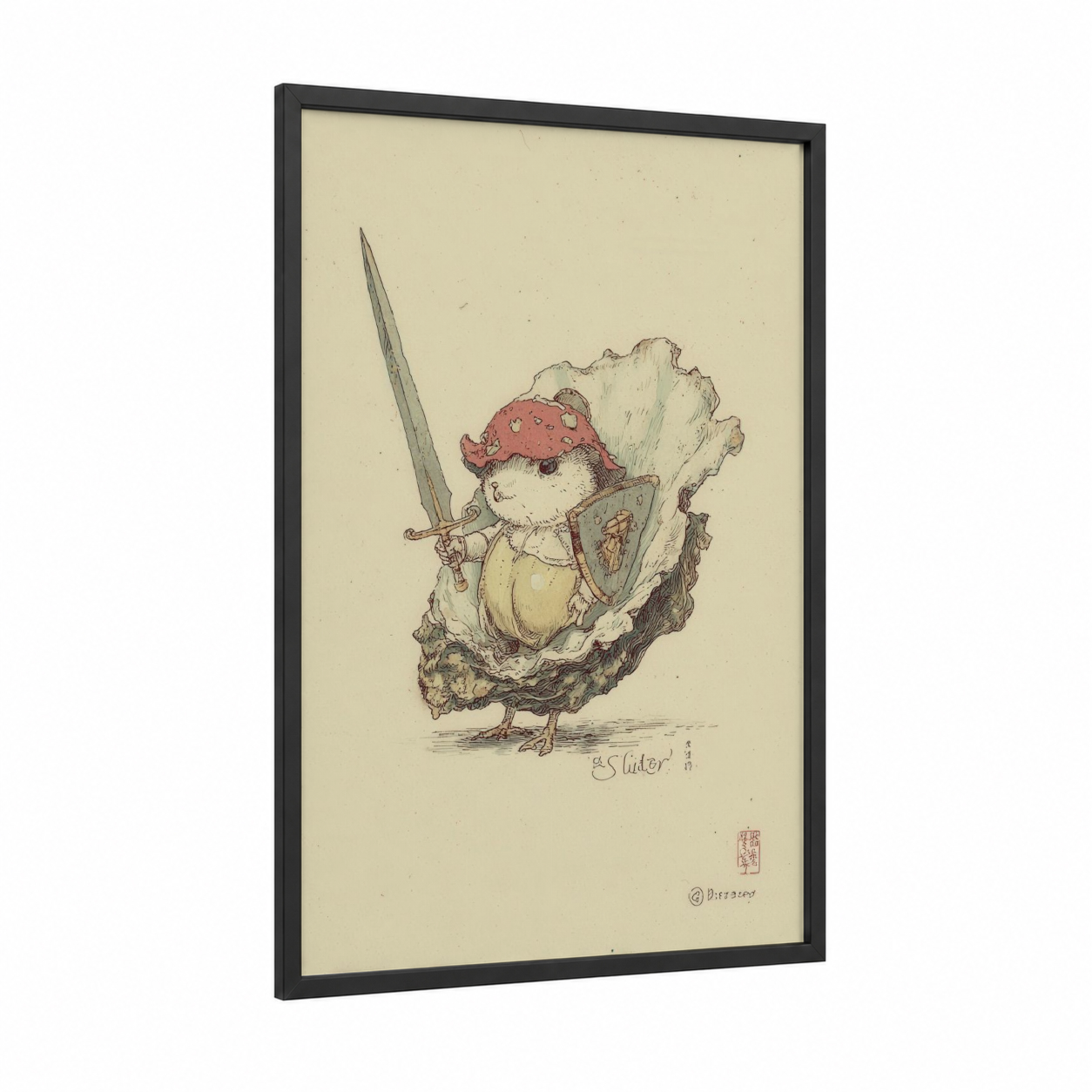 Warrior Oyster framed art print — black wood frame — cream and russet palette
