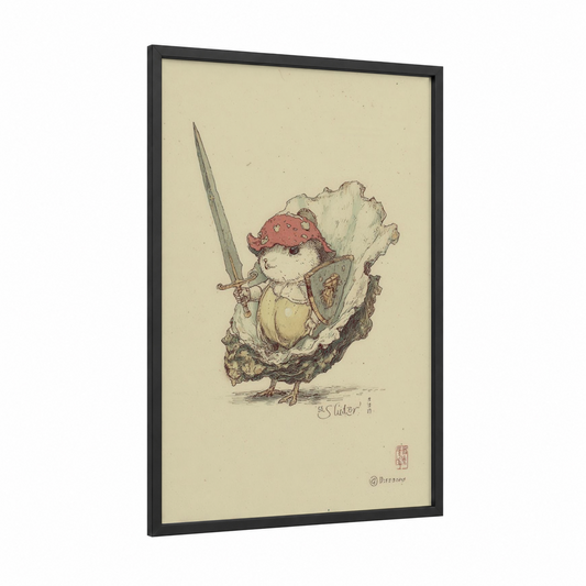Warrior Oyster framed art print — black wood frame — cream and russet palette