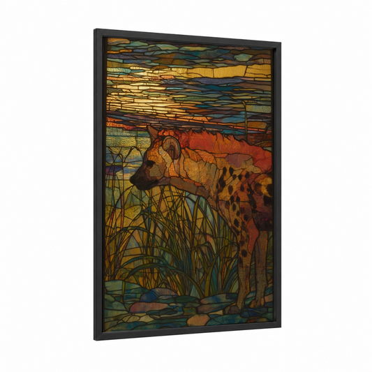 Marshland Hyena framed art print — black wood frame — gold and teal palette