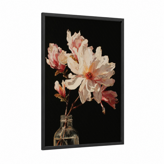 Blush Magnolia Study framed art print — black wood frame — cream and salmon pink palette