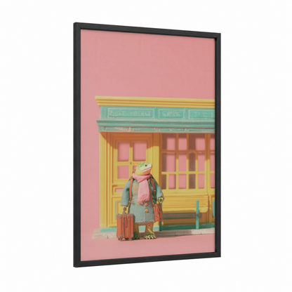 Traveling Turtle framed art print — black wood frame — pink and gold palette