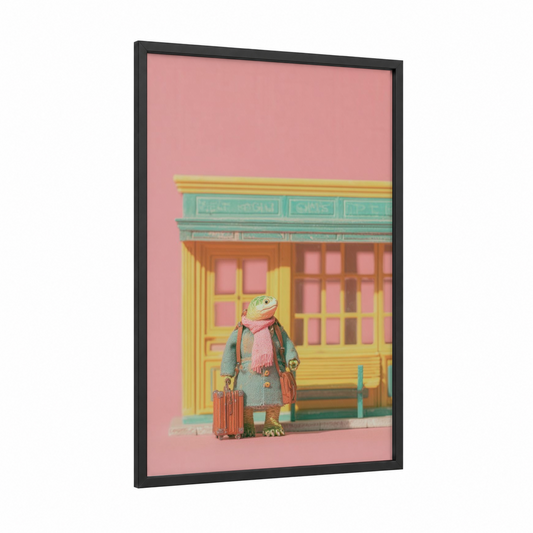 Traveling Turtle framed art print — black wood frame — pink and gold palette