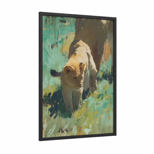 Savanna Lion Stride framed art print — black wood frame — gold and teal palette