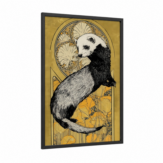 Golden Ferret framed art print — black wood frame — gold and black and white palette