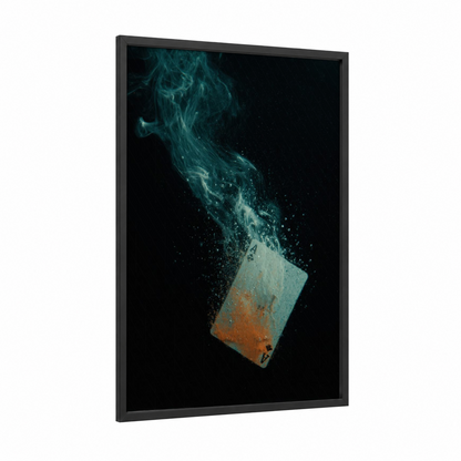 Ethereal Card Magic framed card game print — black wood frame — teal and black palette