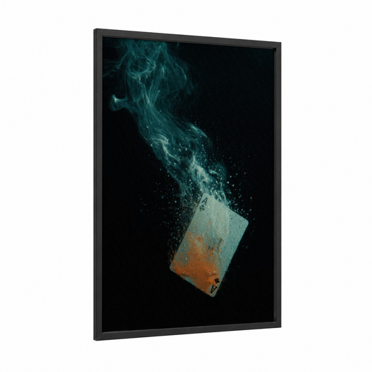 Ethereal Card Magic framed card game print — black wood frame — teal and black palette