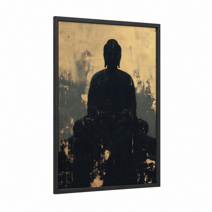 Meditative Buddha Silhouette framed buddhism print — black wood frame — gold and black palette