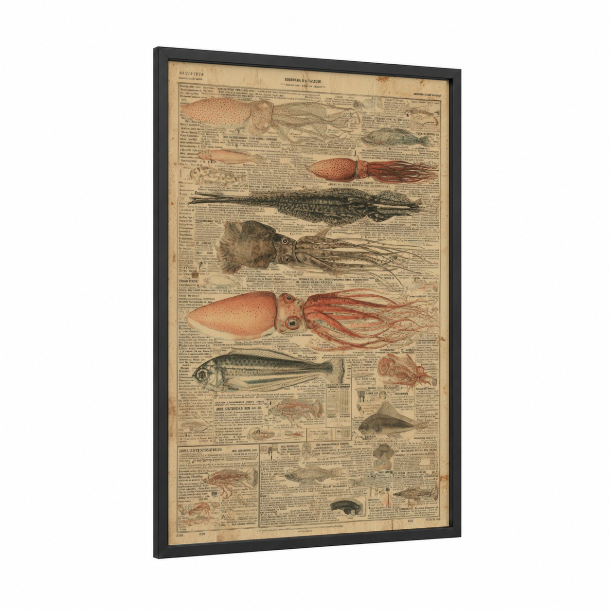 Vintage Squid Collection framed art print — black wood frame — cream and russet palette