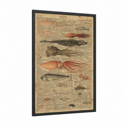 Vintage Squid Collection framed art print — black wood frame — cream and russet palette