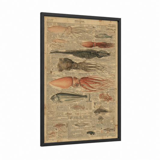Vintage Squid Collection framed art print — black wood frame — cream and russet palette