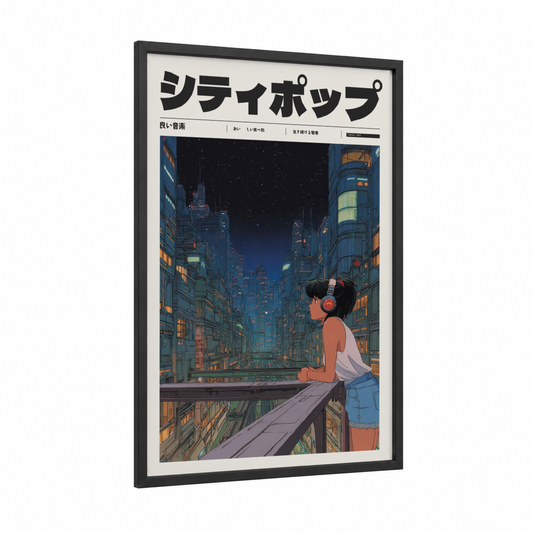 Neon City Dreamer framed anime and manga print — black wood frame — blue and gold palette