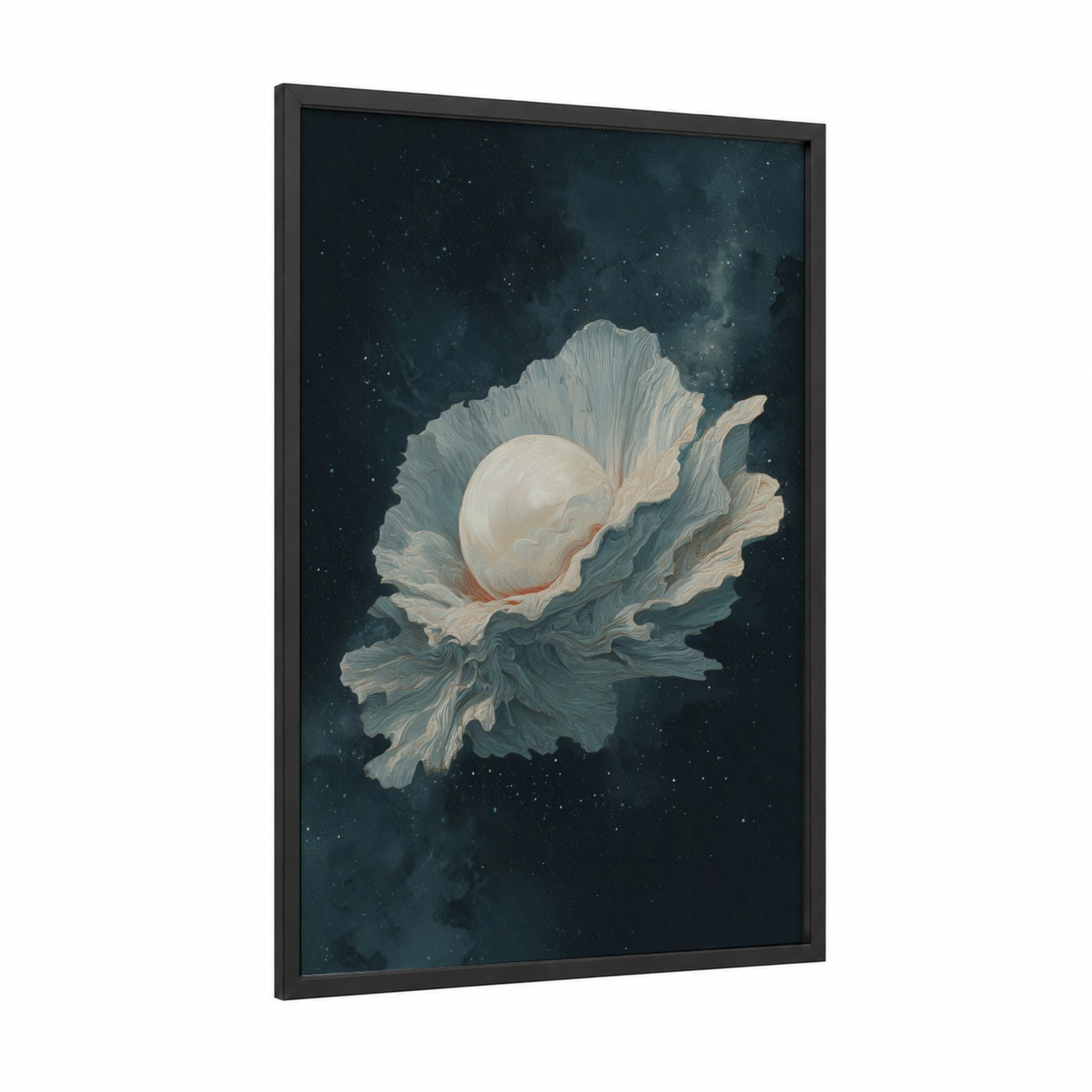 Cosmic Oyster framed art print — black wood frame — blue and white and dove gray palette
