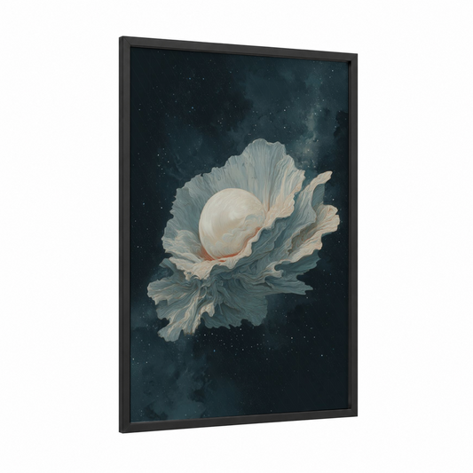 Cosmic Oyster framed art print — black wood frame — blue and white and dove gray palette