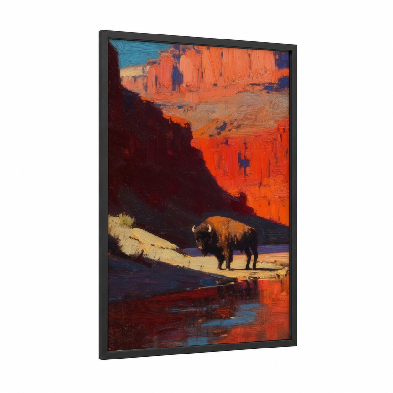 Canyon Bison framed art print — black wood frame — orange and blue palette