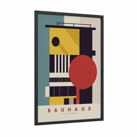 Bauhaus Composition framed abstract architecture print — black wood frame — mustard and red palette