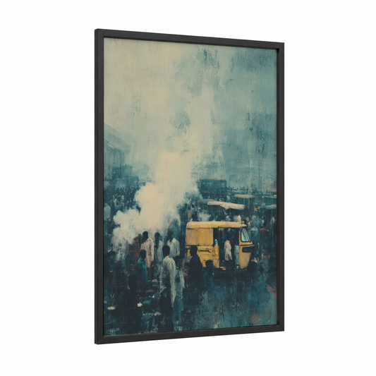 Misty Rickshaw framed art print — black wood frame — cream and teal palette