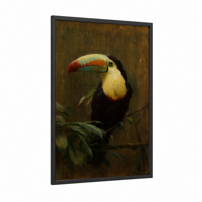 Cream Toucan Portrait framed art print — black wood frame — gold and cream palette