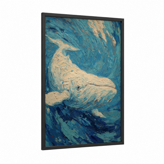 Cream Beluga framed beluga whale print — black wood frame — blue and cream palette