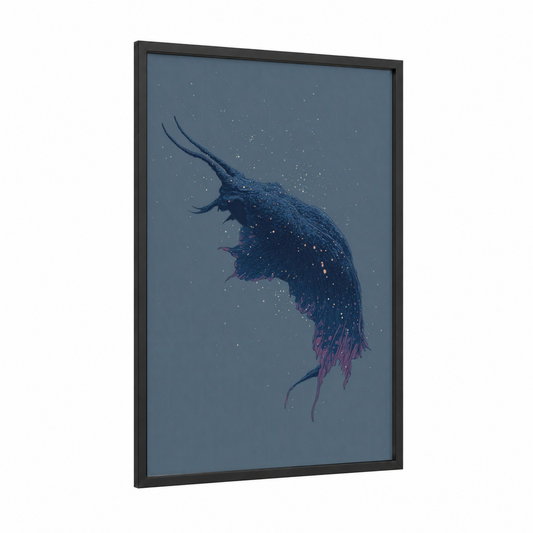 Cosmic Nudibranch framed art print — black wood frame — blue and magenta palette