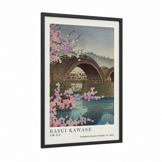 Cherry Blossom Bridge framed cherry blossoms print — black wood frame — pink and teal palette