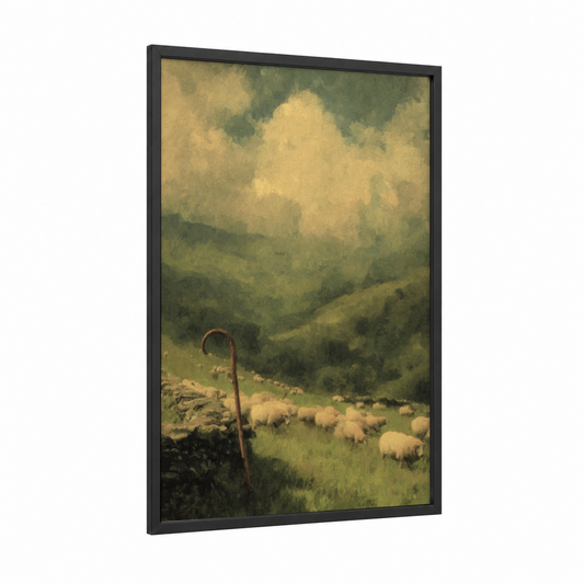 Shepherd's Faith framed christian symbols print — black wood frame — olive and cream palette