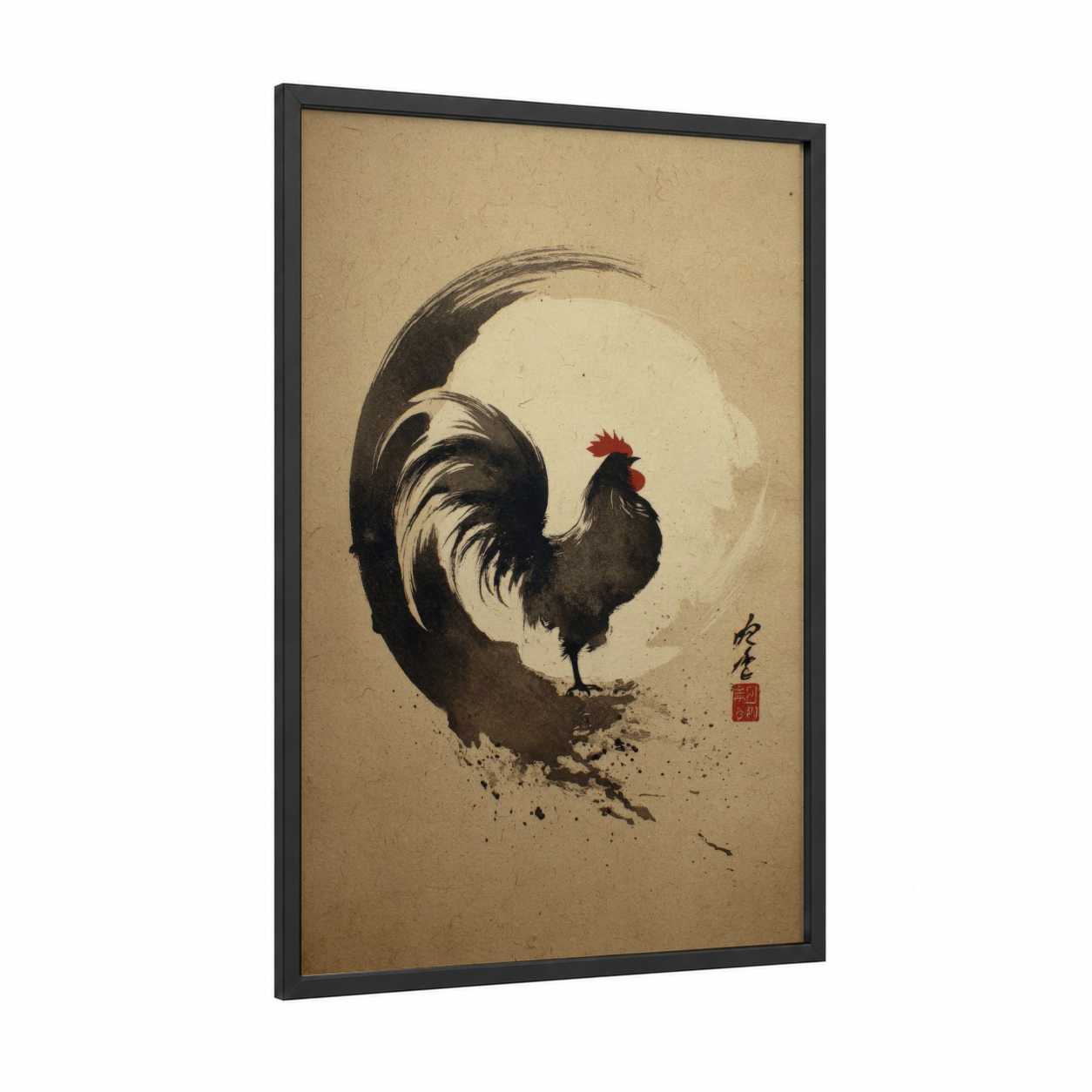 Zen Rooster framed chicken and roosters print — black wood frame — black and white and cream palette