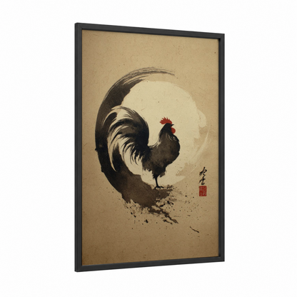 Zen Rooster framed chicken and roosters print — black wood frame — black and white and cream palette