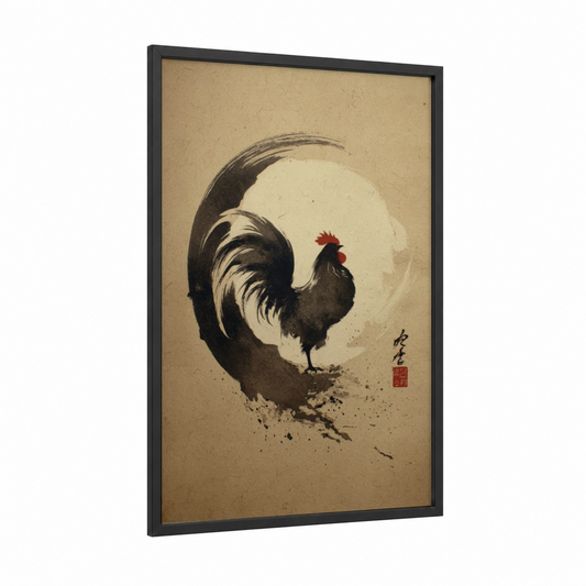 Zen Rooster framed chicken and roosters print — black wood frame — black and white and cream palette