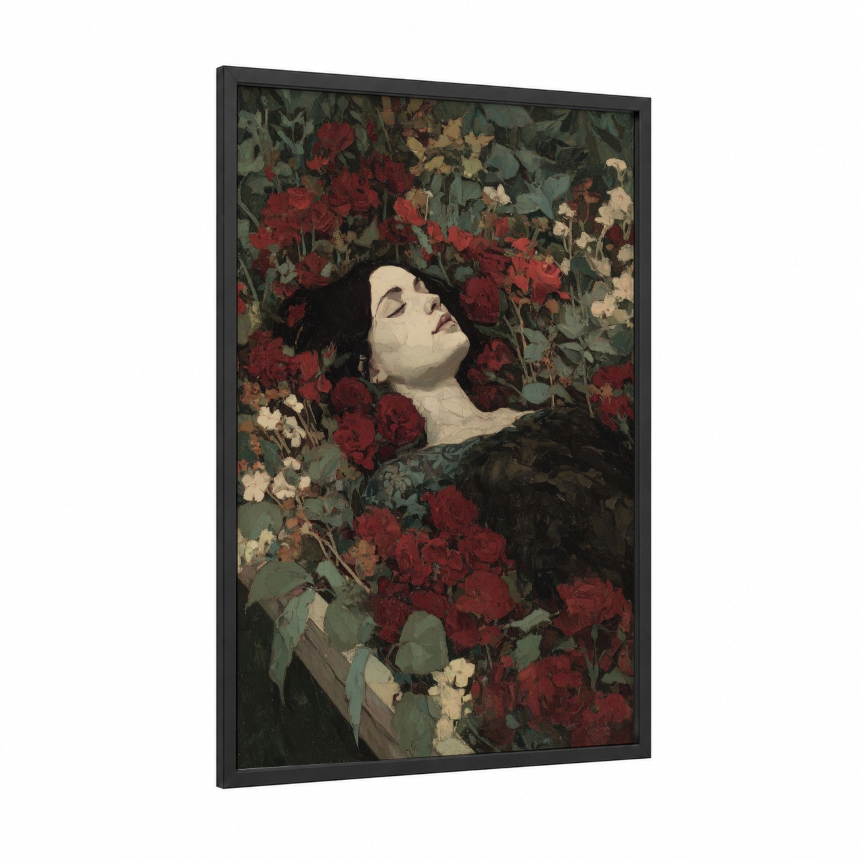 Rose Garden Vampire framed art print — black wood frame — red and dark green palette