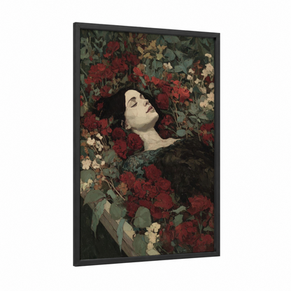 Rose Garden Vampire framed art print — black wood frame — red and dark green palette