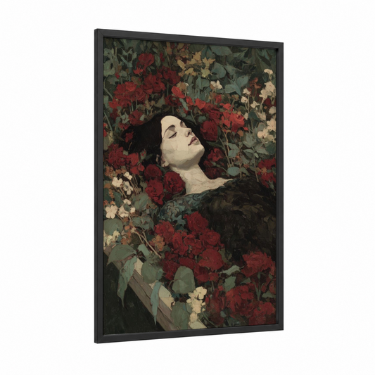 Rose Garden Vampire framed art print — black wood frame — red and dark green palette