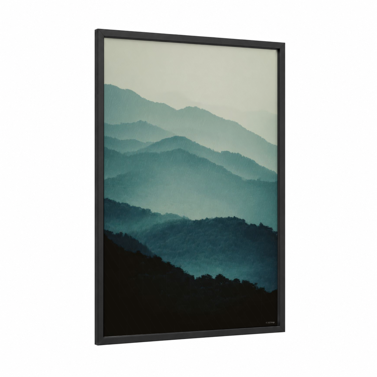 Misty Ridge Layers framed blue ridge mountains print — black wood frame — teal and blue palette