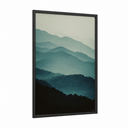 Misty Ridge Layers framed blue ridge mountains print — black wood frame — teal and blue palette