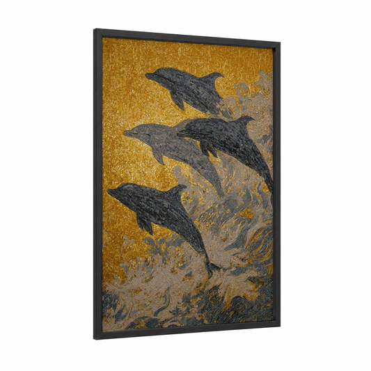 Golden Dolphins Trio framed art print — black wood frame — gold and black and gold palette