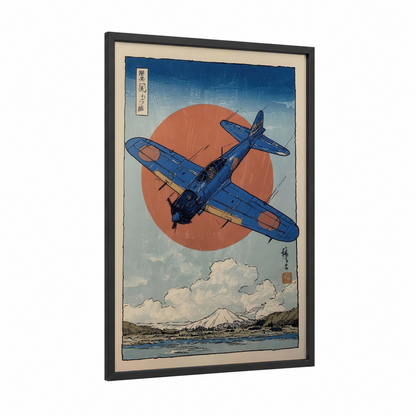 Blue Retro Bomber framed vintage airplane print — black wood frame — blue and russet palette