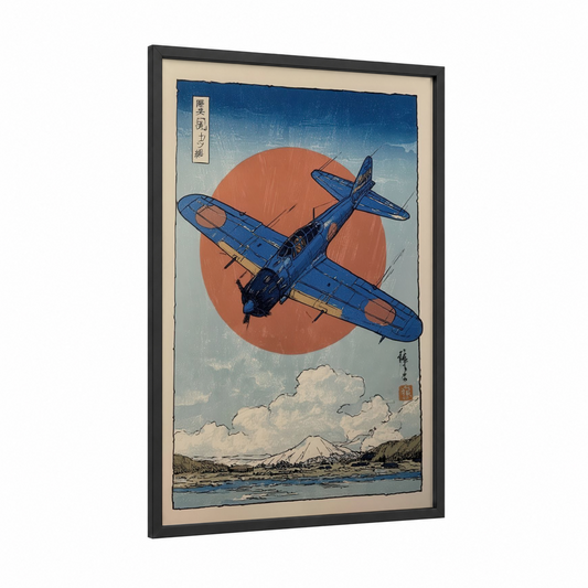 Blue Retro Bomber framed vintage airplane print — black wood frame — blue and russet palette