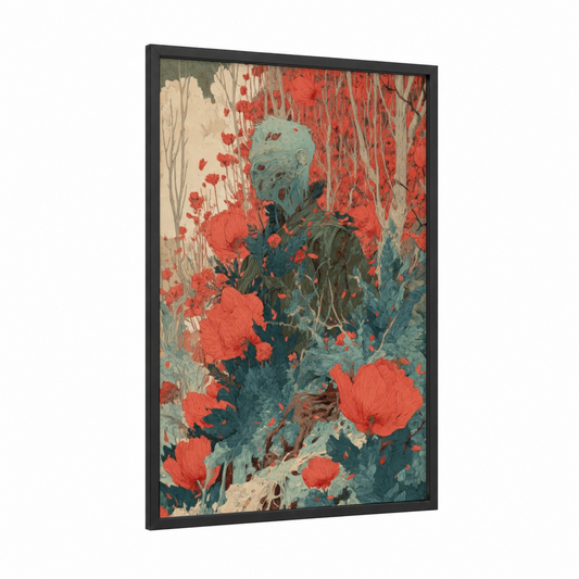 Poppy Zombie framed art print — black wood frame — red and teal palette