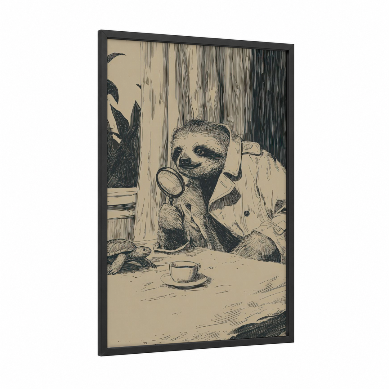 Detective Sloth framed art print — black wood frame — beige and black and white palette