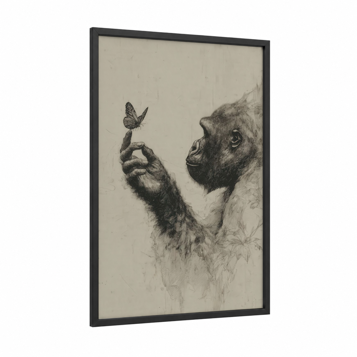 Gentle Gorilla framed art print — black wood frame — gray and black and white palette
