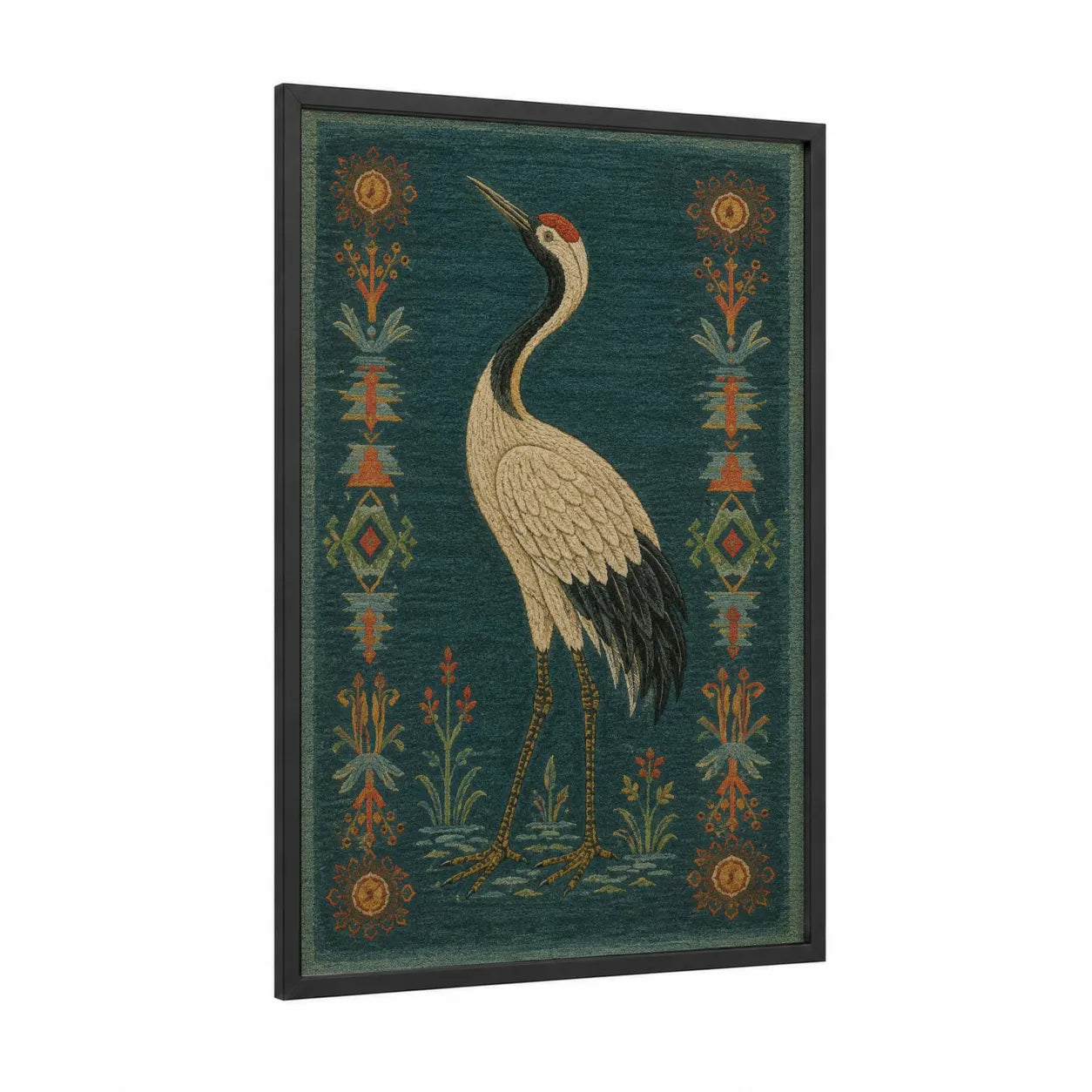 Japanese Crane Decorative Wall Art framed art print — black wood frame — teal and gold palette