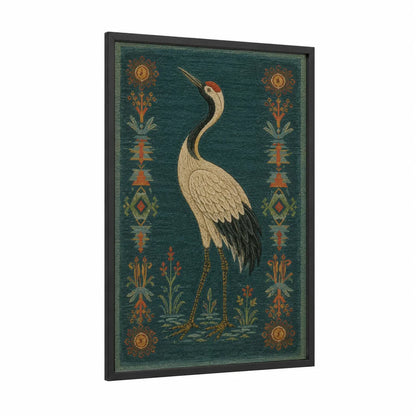 Japanese Crane Decorative Wall Art framed art print — black wood frame — teal and gold palette