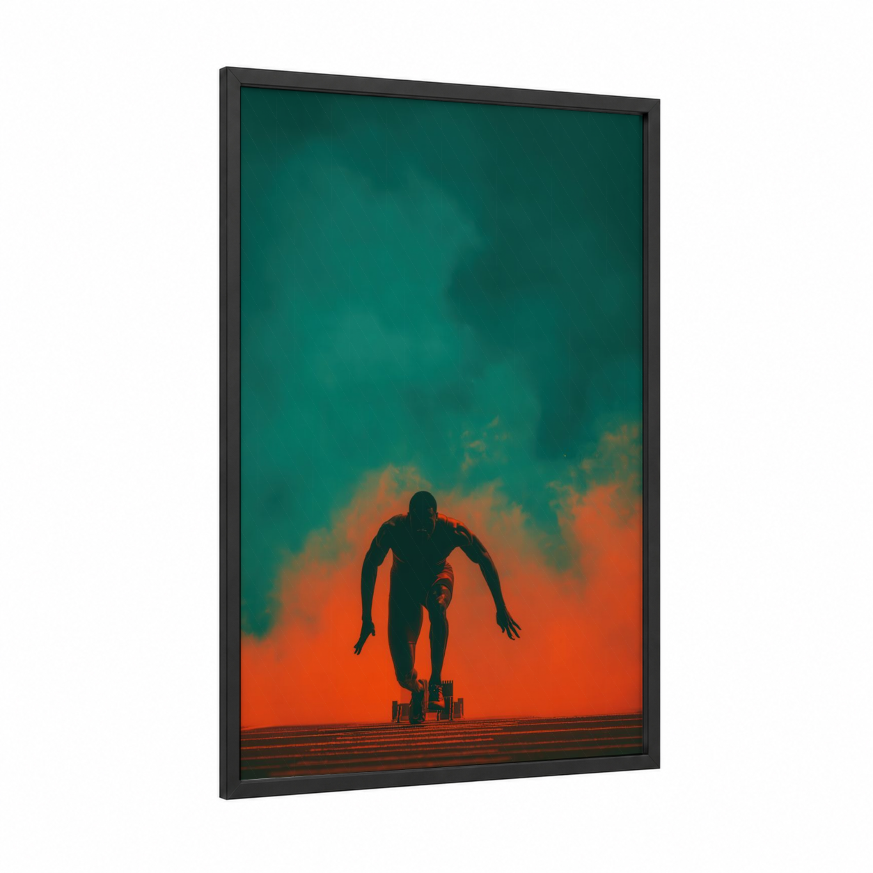 Starting Block Sprint framed track and field print — black wood frame — teal and orange palette