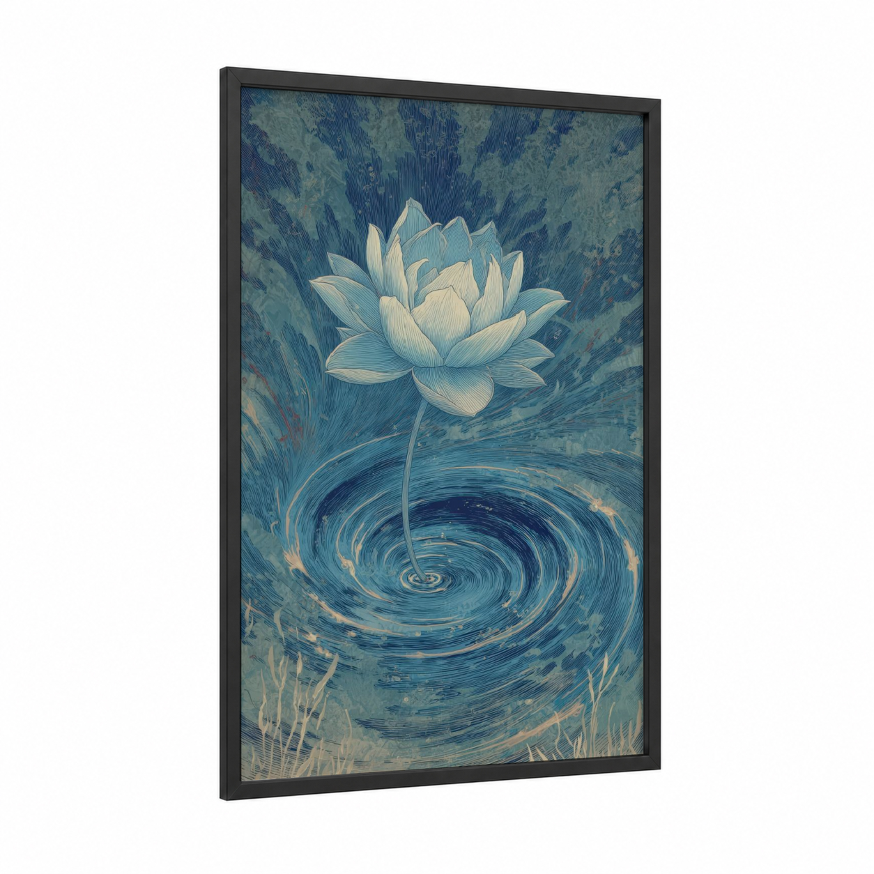 Swirling Lotus framed art print — black wood frame — blue and cream palette