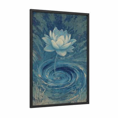 Swirling Lotus framed art print — black wood frame — blue and cream palette