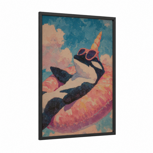 Groovy Orca framed orca whale print — black wood frame — teal and salmon pink palette