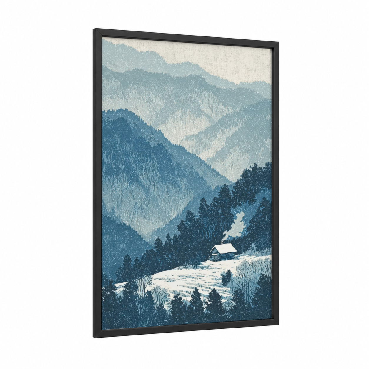 Snowy Ridge Vista framed blue ridge mountains print — black wood frame — blue and white and dove gray palette
